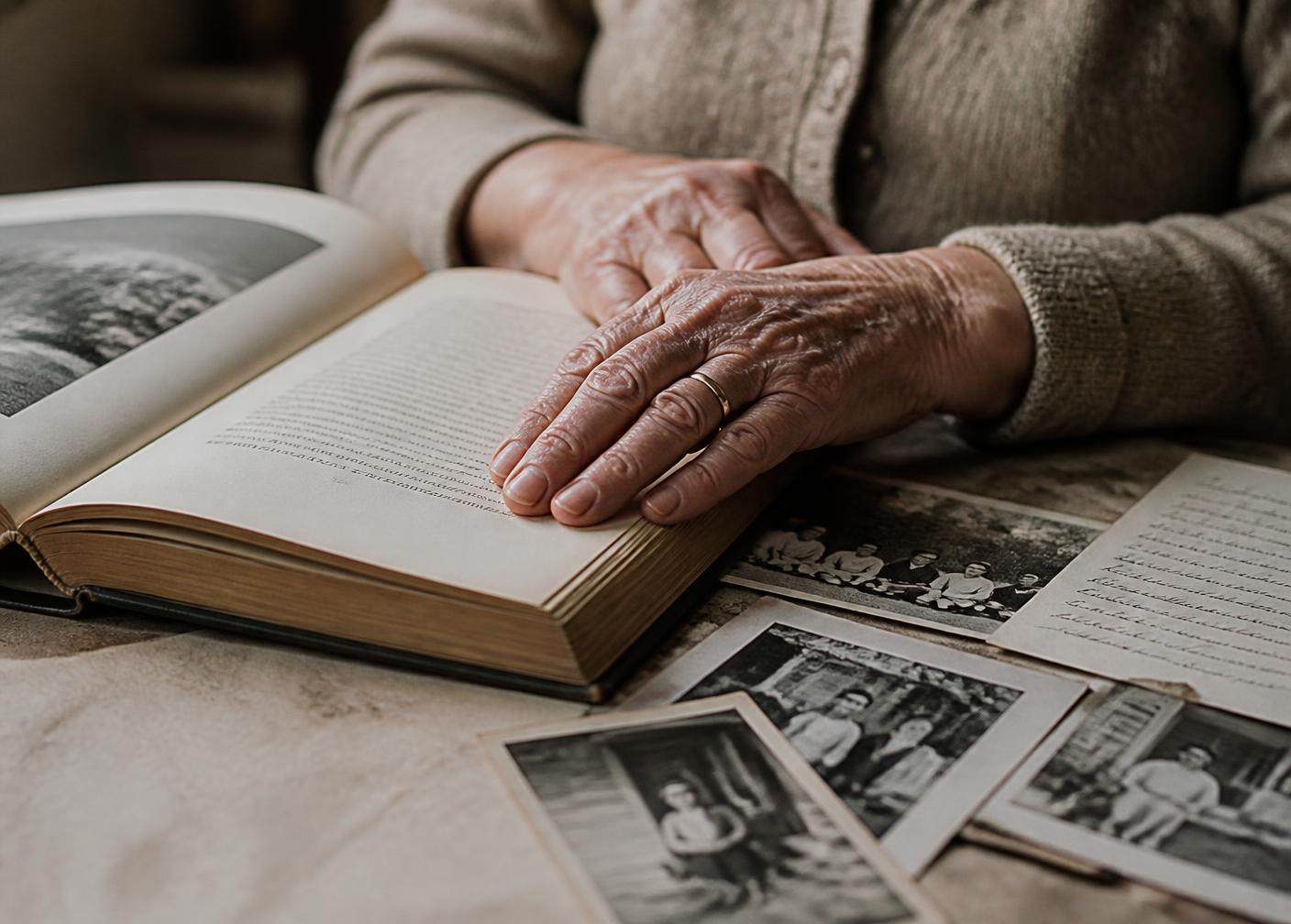 An older woman's hands resting on an open archival volume beside family photographs and a handwritten letter